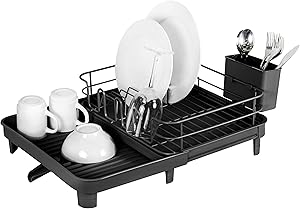 Amig - Escurreplatos Extensible Vika - 41 x (31-52) x 16 cm - Acero y Plástico - Color Negro - Escurreplatos con Bandeja de Goteo y Tapón de Drenaje - Capacidad para 10 Platos y 6 Vasos Amig - Escurreplatos Extensible Vika - 41 x (31-52) x 16 cm - Acero y Plástico - Color Negro - Escurreplatos con Bandeja de Goteo y Tapón de Drenaje - Capacidad para 10 Platos y 6 Vasos