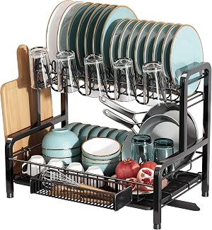Boosiny Escurreplatos Acero Inoxidable con Drenaje Autom&aacute;tico, Escurridor de Platos Grande de 2 Niveles con Portavasos y Porta Utensilios, Escurridor para Fregadero (Negro)