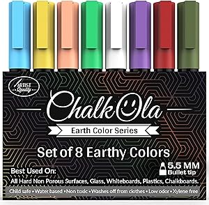 Chalkola Rotuladores de tiza liquida - Paquete de 8 rotuladores en tonos tierra - Para uso en pizarras, encerados, tableros, en los vidrios de los bistrós - punta redonda de 6 mm